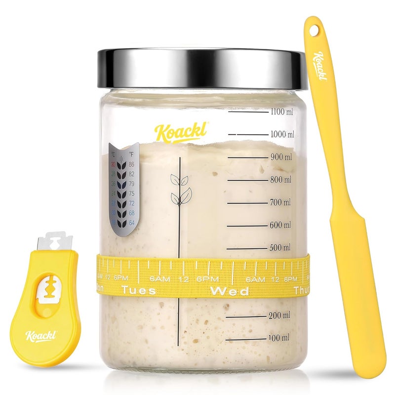 Koackl Sourdough Starter Jar, 40oz Sourdough Starter Kit with Magnetic Bread Lame, Thermometer, Long Scraper, Cloth Cover & Lid for Sourdough Bread Baking Supplies, Yellow - Image 1